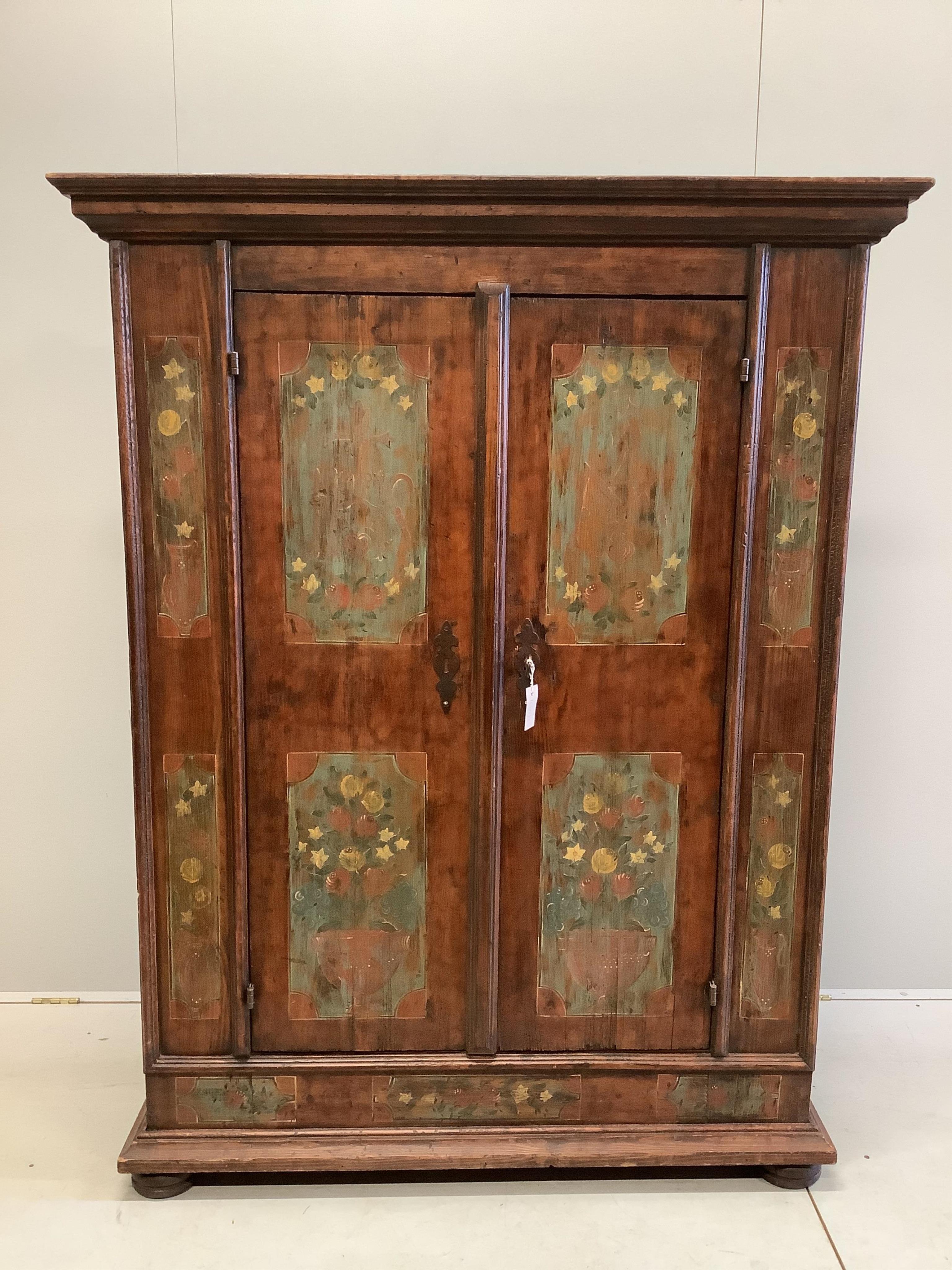 An 18th century Swiss painted pine armoire, width 131cm, depth 54cm, height 169cm. Condition - fair